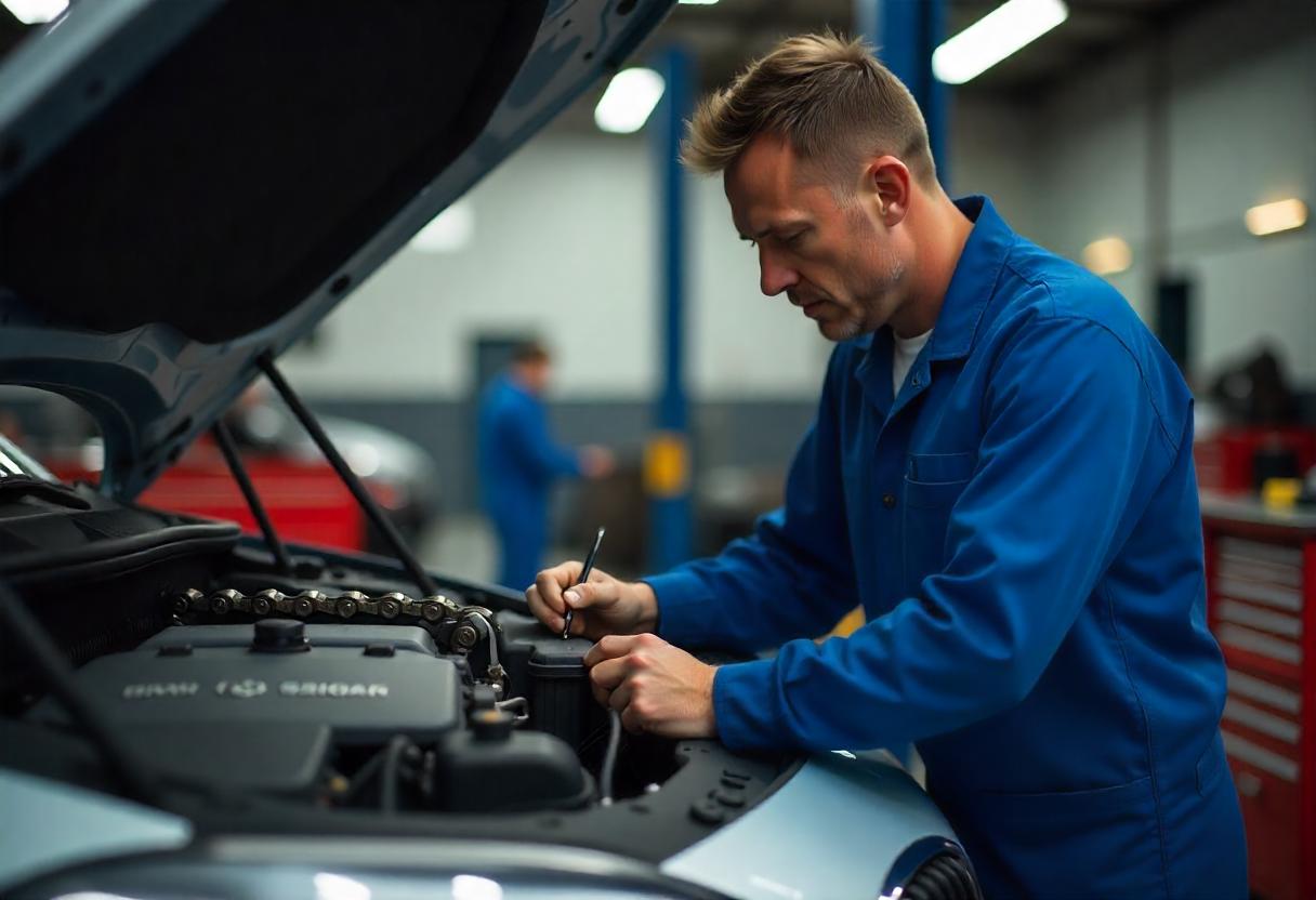 BMW 118d mit Motorschaden in der Werkstatt – Typische Probleme beim N47-Motor BMW 118d mit geöffnetem Motor in der Werkstatt, Mechaniker prüft Steuerkette