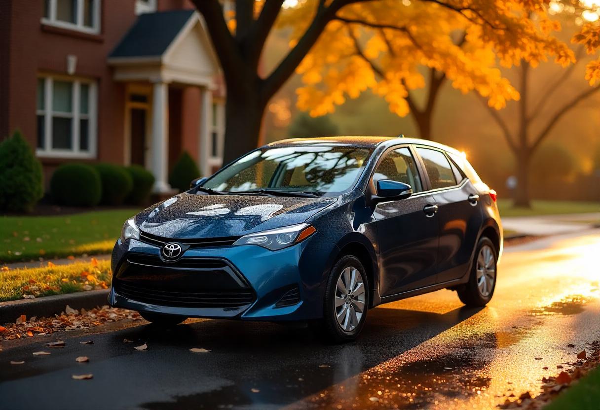 Toyota Corolla – Das zuverlässige Fahrzeug ohne häufige Motorschäden Gut erhaltener Toyota Corolla in Wohngegend, Sinnbild für zuverlässige Langzeitfahrzeuge